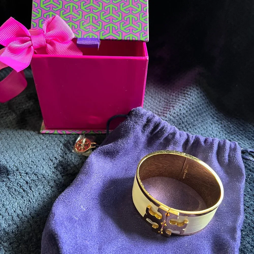 TORY BURCH Metallic Enamel Raised Logo Wide Cuff Bracelet - Original Bag and Box - Picture 6 of 6